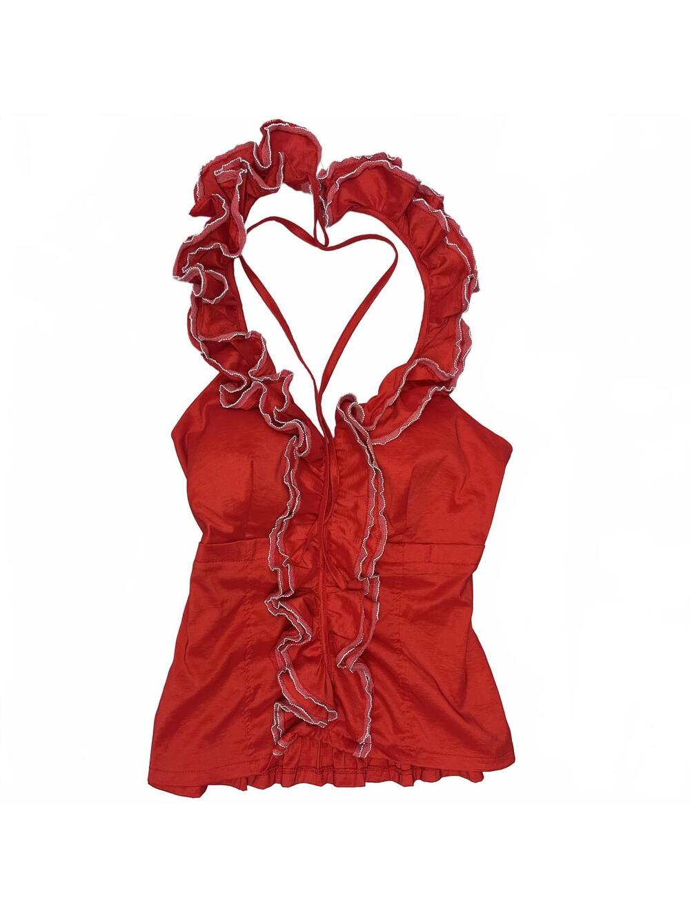 Y2K BH Jeans Sz M Red Going Out Halter Top Dramatic Ruffles Trim Early 2000s